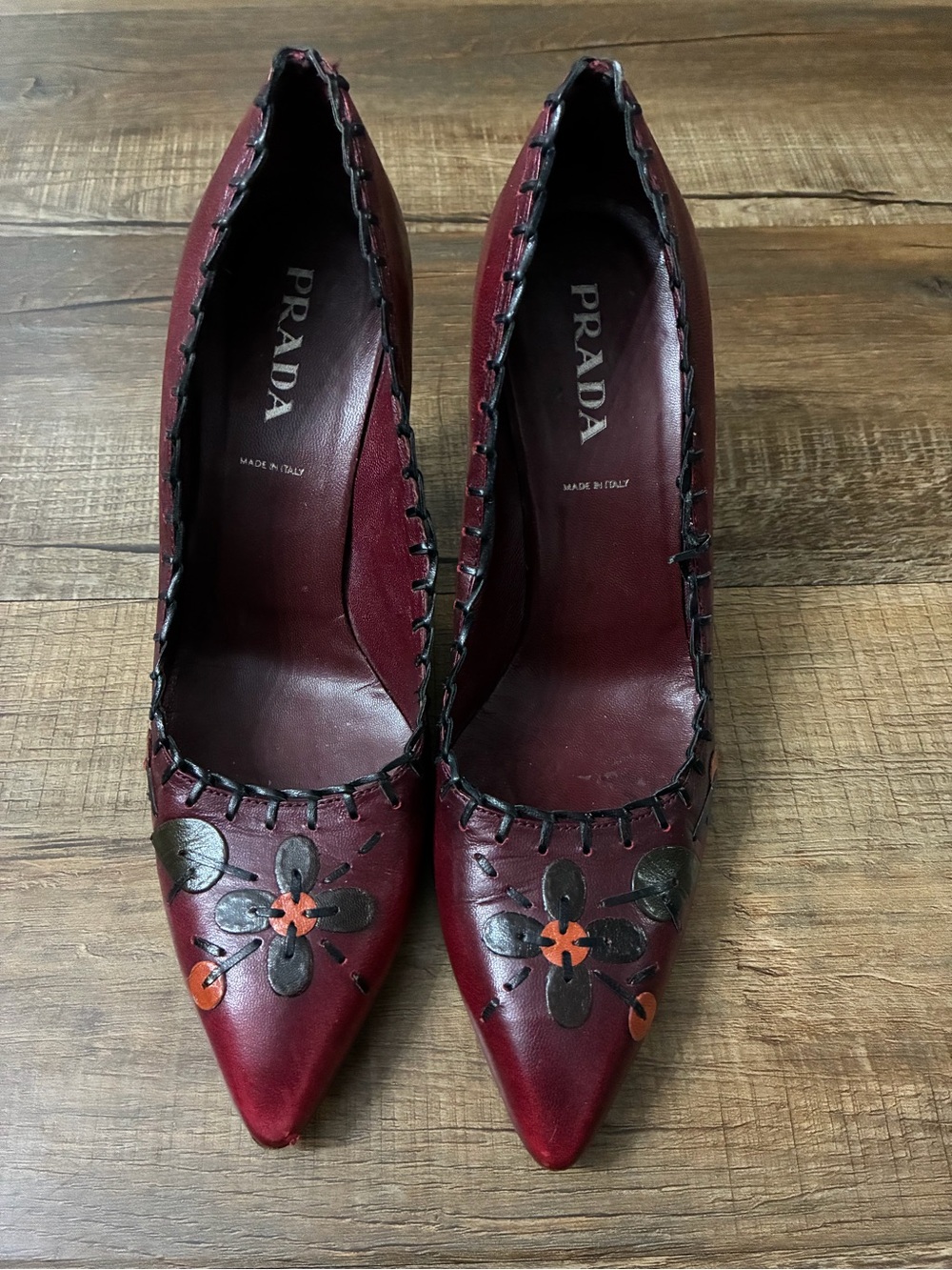 Prada Burgundy Leather Pointed-Toe Heels with Black & Orange Floral Appliqués - Picture 2 of 8
